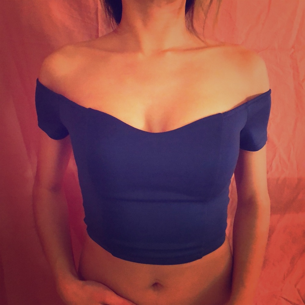 cropped blue off shoulder top